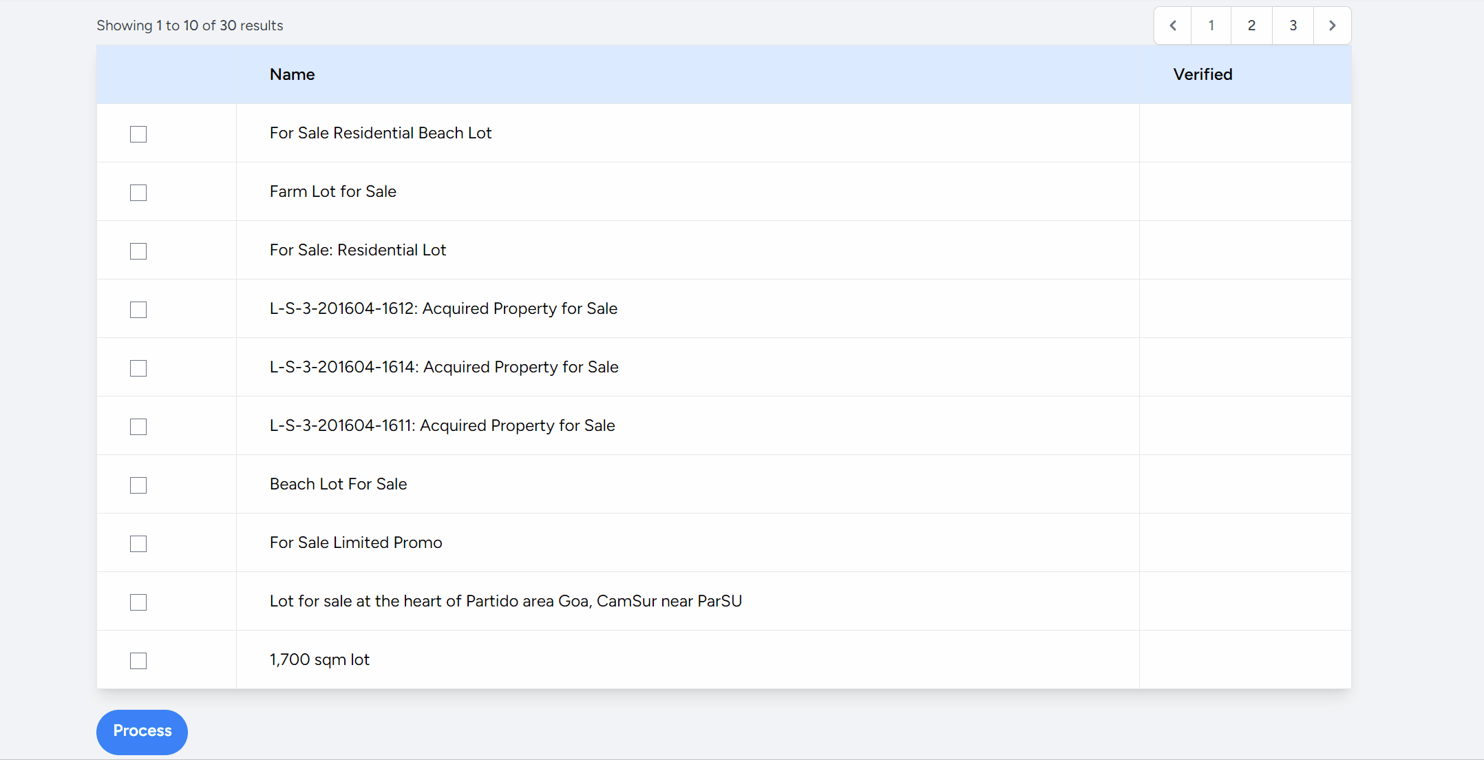 The user selects the first, second, and fourth rows' checkboxes and clicks on the "Process" button. The first row immediately gets a status "WIP" which turns to "Process". Afterwards, the second row's status gets updated to "WIP", then "Processed". Until finally, the fourth row gets updated to "WIP", then "Processed".
