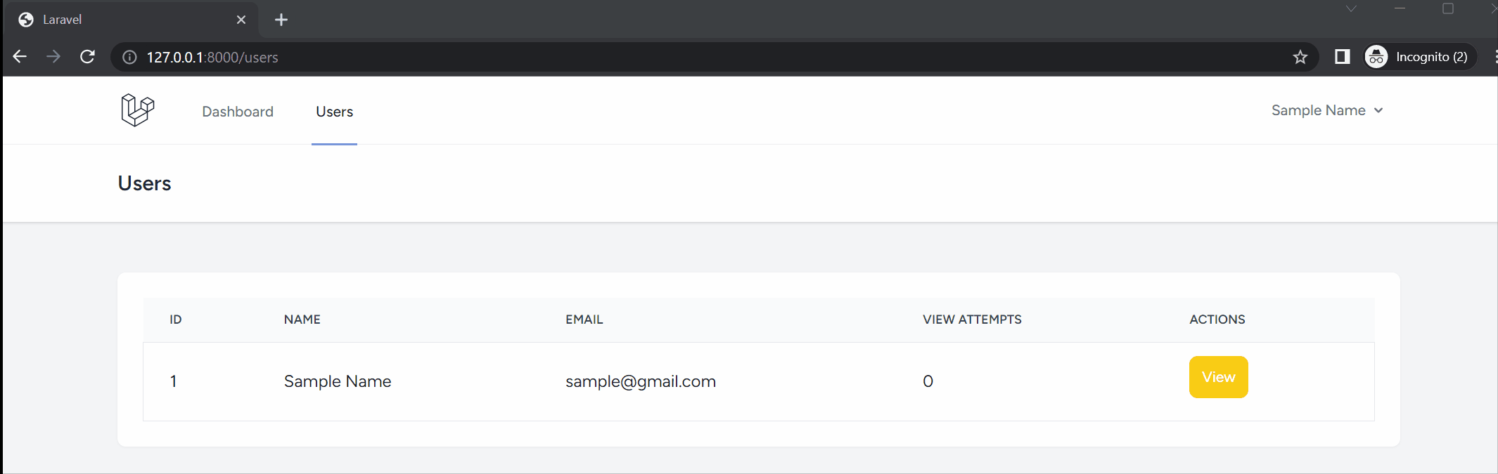 A page shows a table containing one user. The user has ID of "1", NAME of "Sample Name", EMAIL of "sample@gmail.com", VIEW ATTEMPTS of "0", and finally, has a "View" button available under its ACTIONS column. The loggedin user's mouse pointer highlights the "0" under the user's VIEW ATTEMPTS column, signifying the initial value of the count. Then, the "View" button is clicked. This triggers opening a new tab that contains the user's profile page, and lastly increments the user's VIEW ATTEMPTS from "0" to "1".
