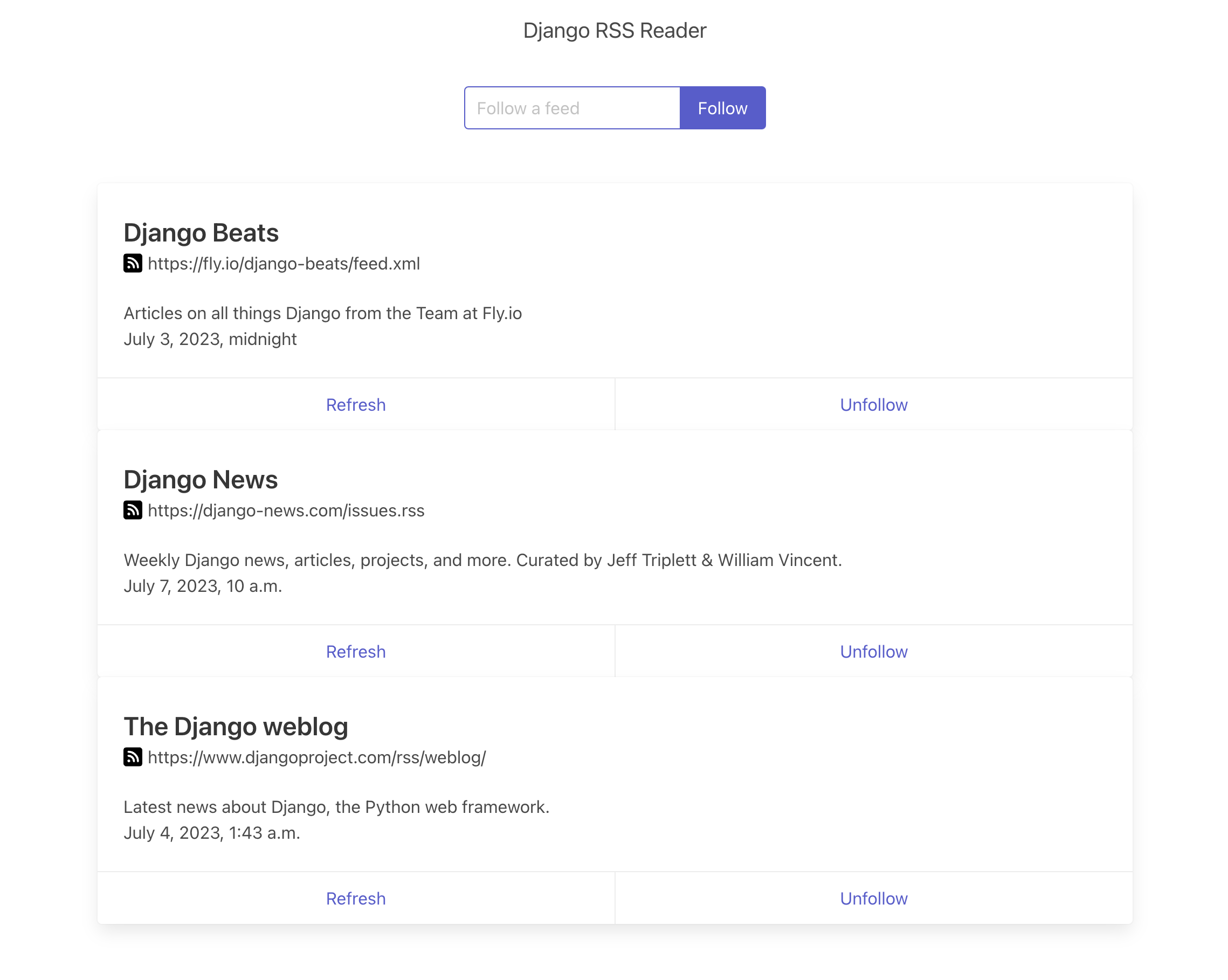 Django RSS Feed Reader: Home page