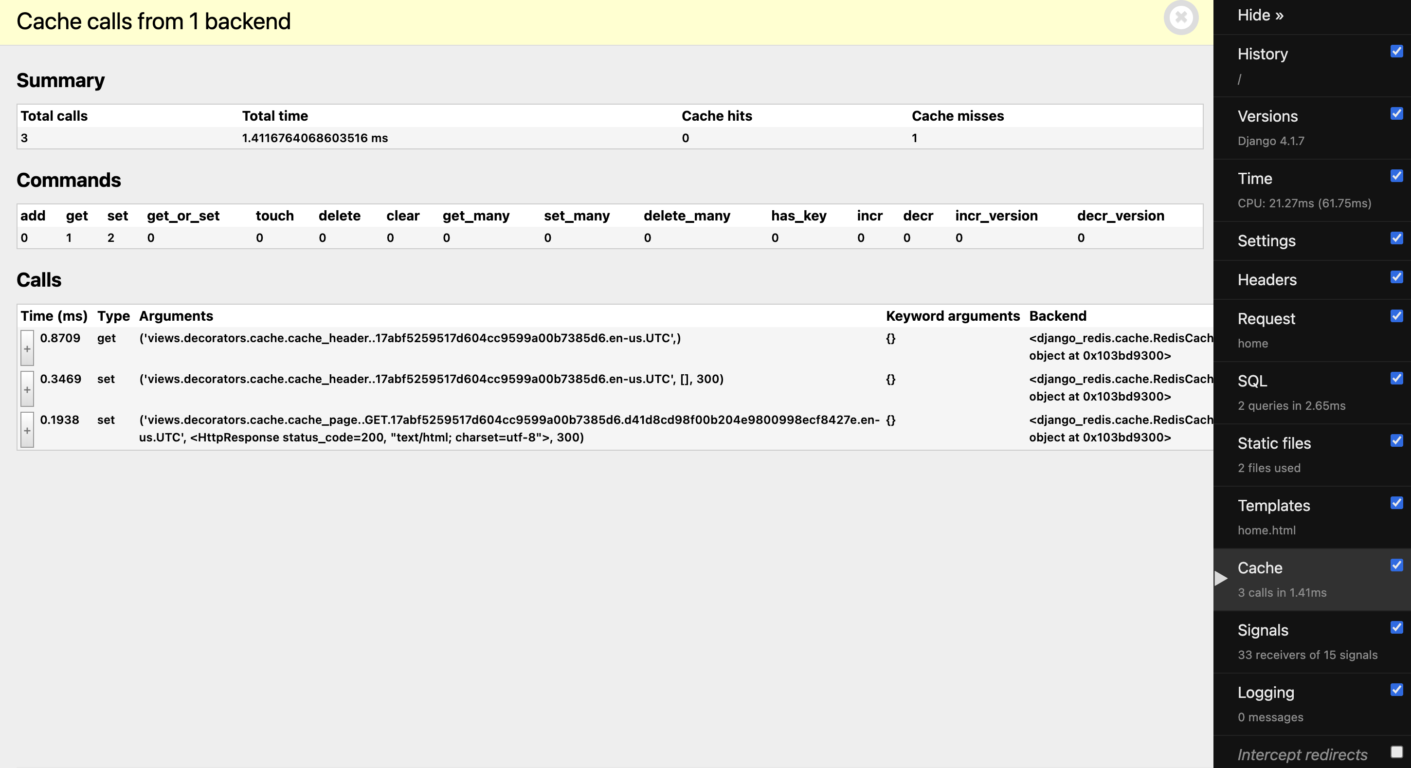 Cache Panel: 3 calls in 1.41ms