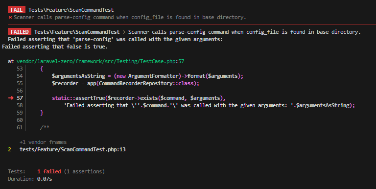 A screenshot of a failed assertion. Important messages in the screenshot are as follows:                                       
Failed asserting that 'parse-config' was called with the given arguments: 
Failed asserting that false is true.
at vendor/laravel-zero/framework/src/Testing/TestCase.php:57"
