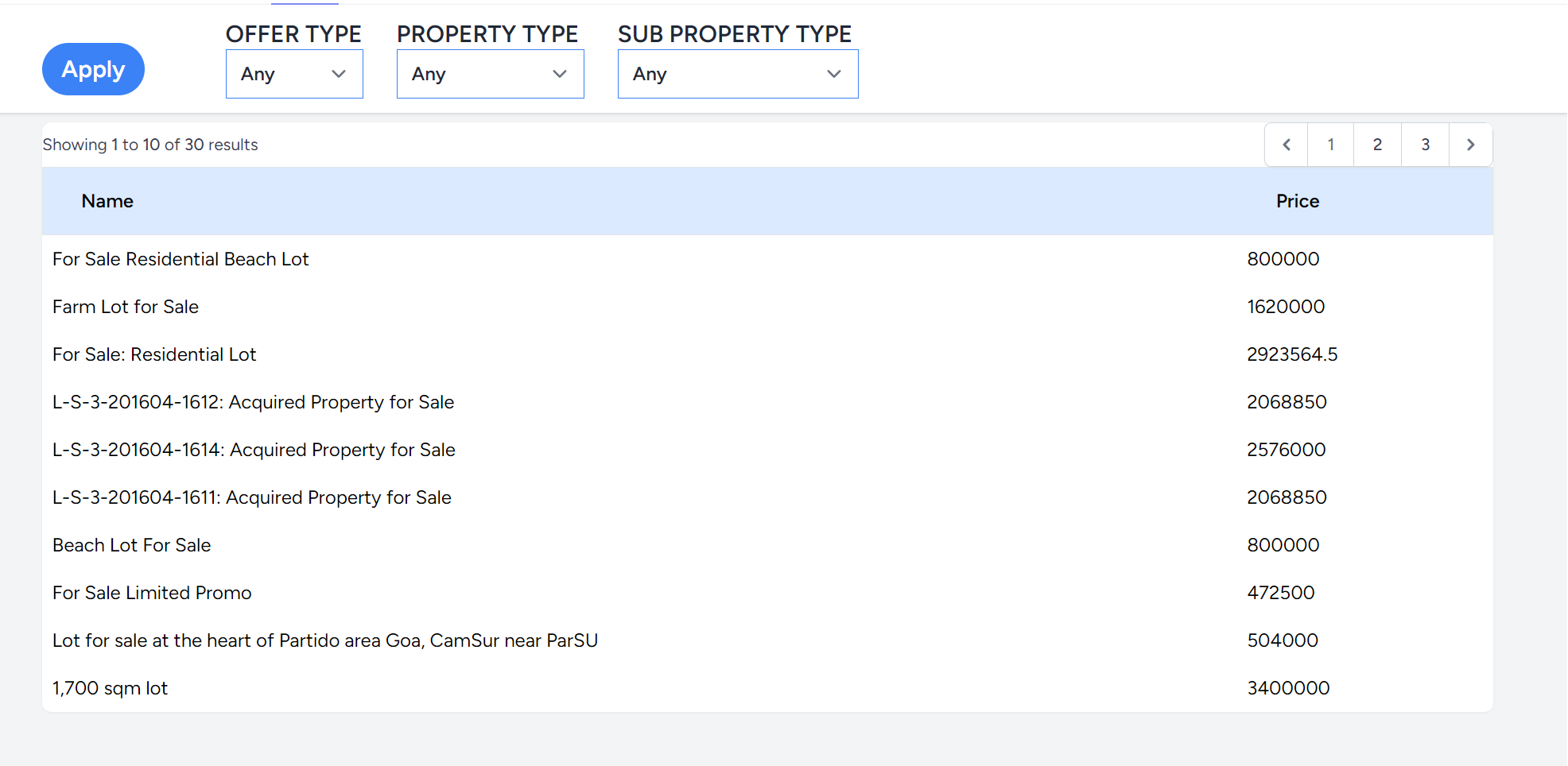 A page that contain a filters section with three dropdowns, and a tabletion below showing 10 out of 30 rows of data.