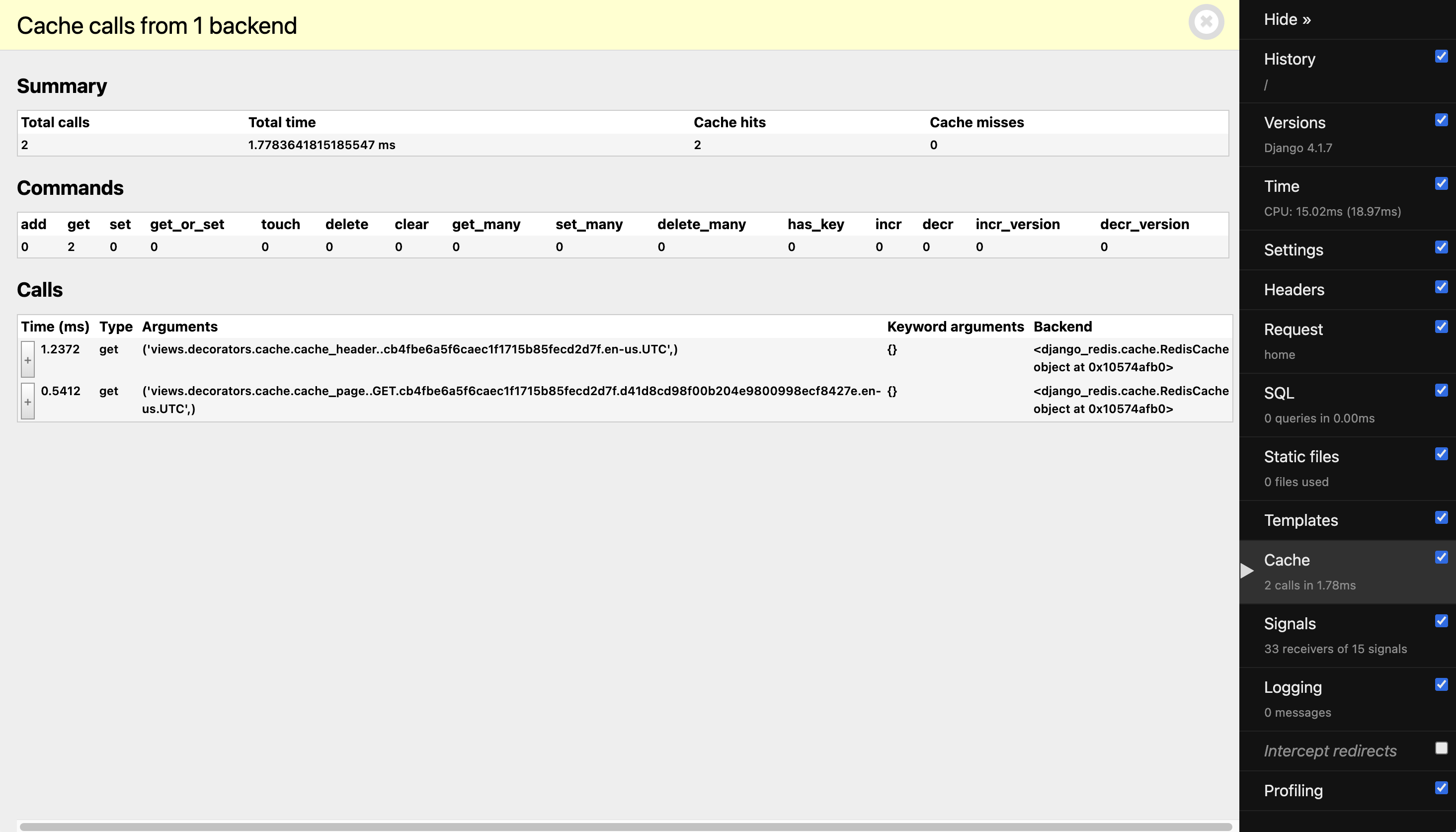 Cache Panel: 2 calls in 1.78.00ms