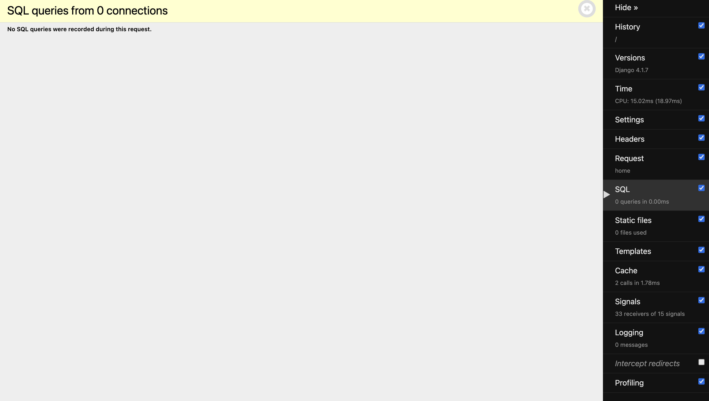 SQL Panel: 0 queries in 0.00ms