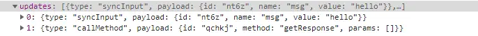 An image zooming in at the updates metadata sent by the client. It is an array containing two instructions. The first instruction is a `syncInput` with payload of id, name, and value. The second instruction is a `callMethod` instruction with a payload of id, method, and params.