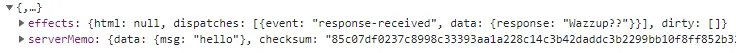 A screenshot of the response from the server. It contains metadata with attributes "effects" and "serverMemo".