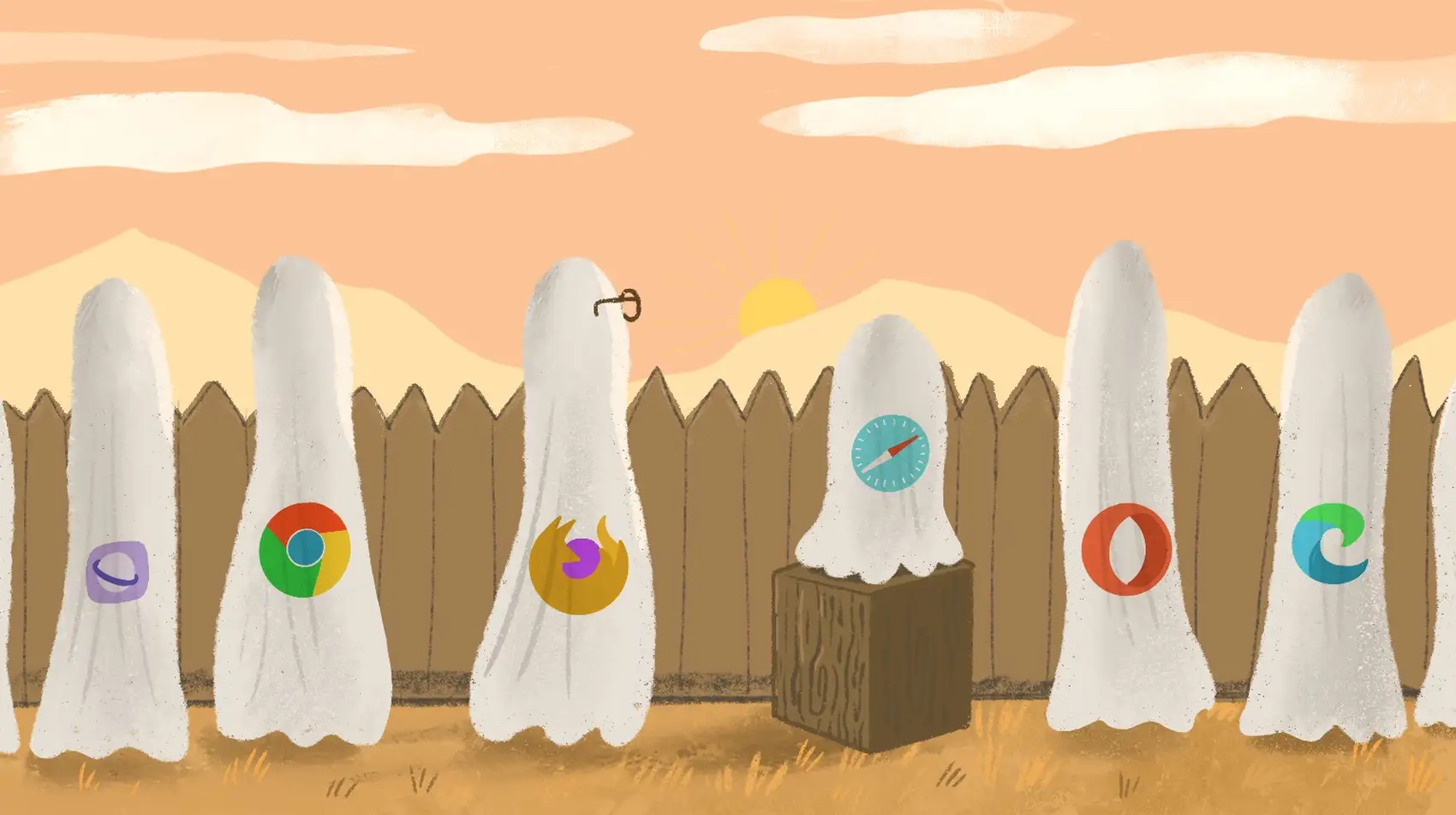 ghostly figures with browser icons looking over a fence. The Safari ghost is standing on a wooden box enabling it to see over the fence.