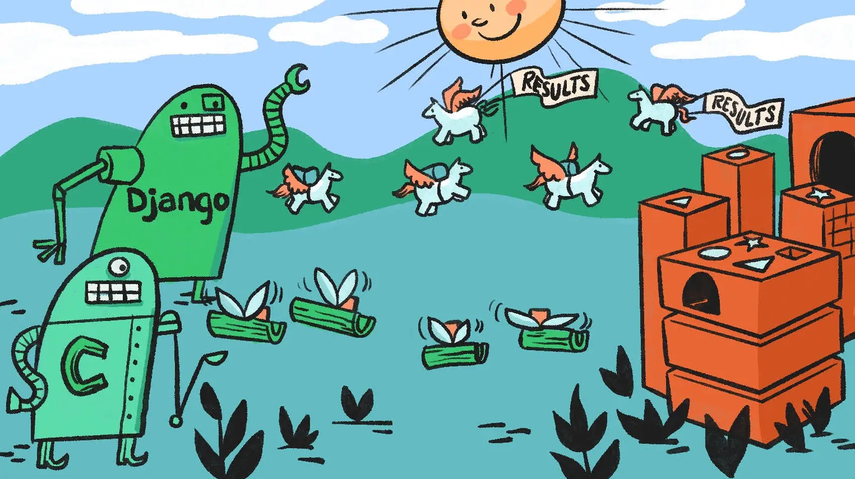 Landscape with the sun shining on the blue sky and green mountains in the background. Small ponies and celery pieces flying around two green robots (machines) standing on the left, one written Django and another one with the Celery (Python) logo and a red building blocks with Redis logo on the opposite side of them.
