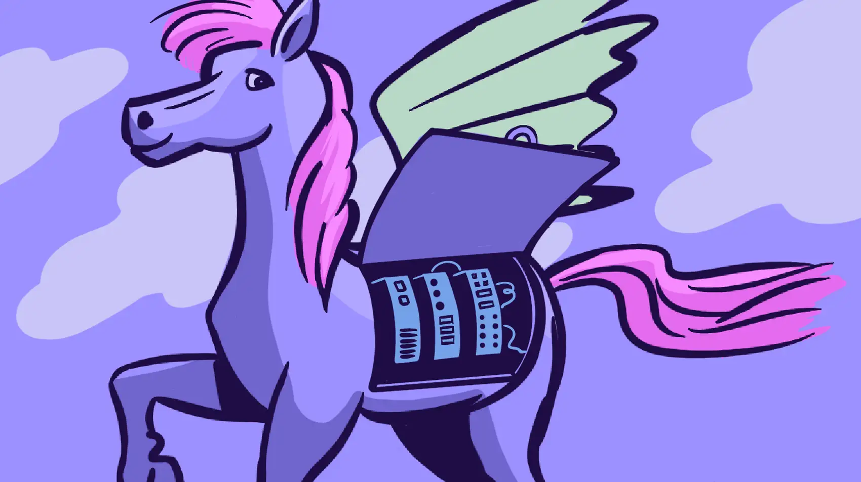 A purple pony with pink hair on a purple background. In his back, there is an open cover showing three machines with cables inside.