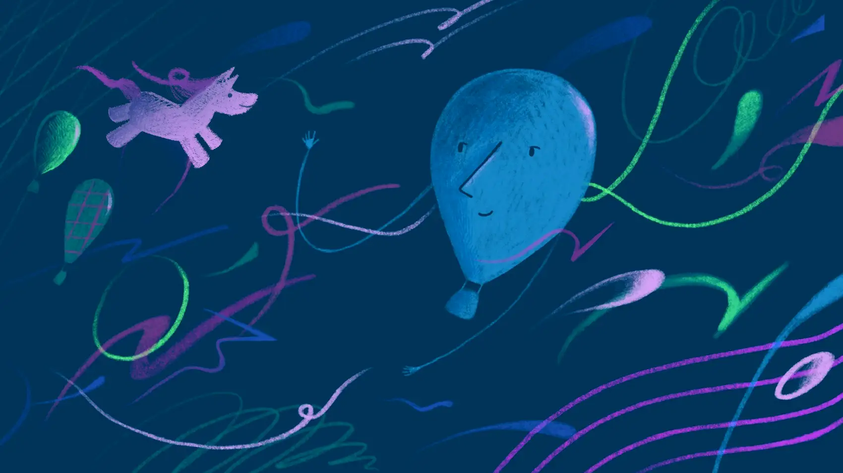 Dark blue background with colorful doodles, flying balloons, and a pink hair pony.