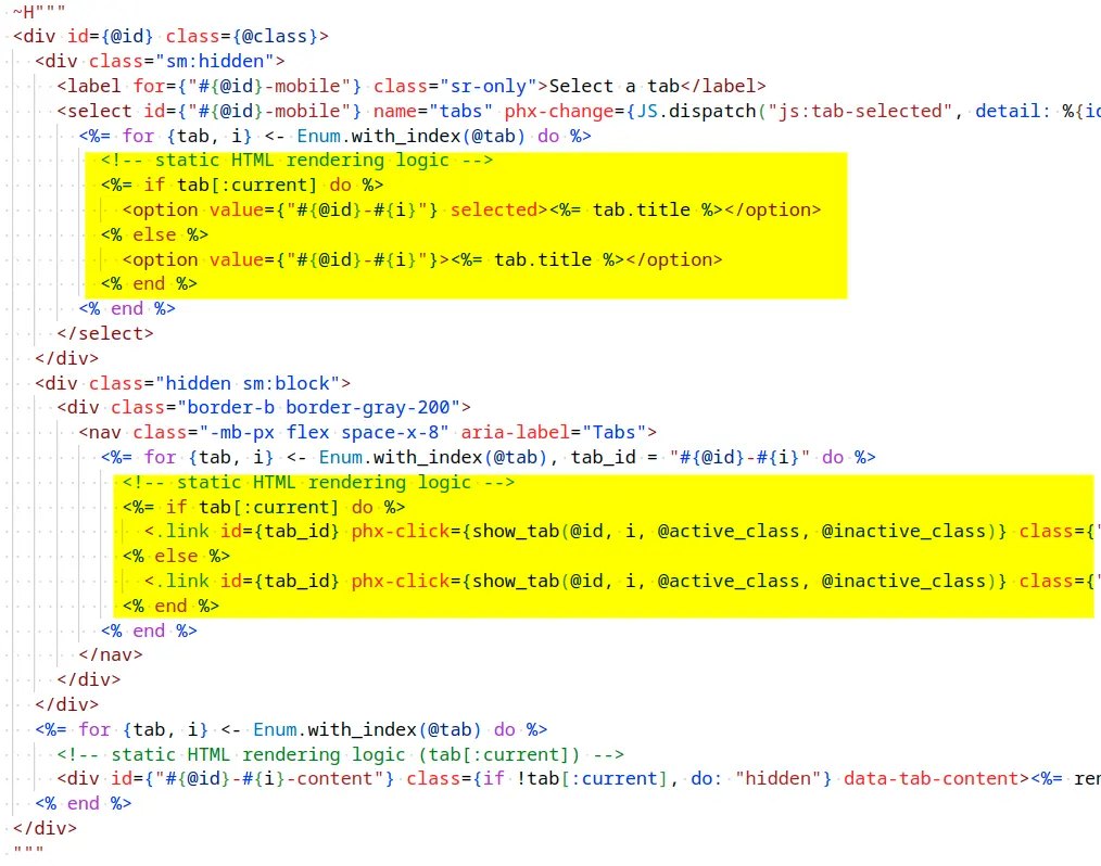 Image shows a HEEx template where two sections are highlighted.