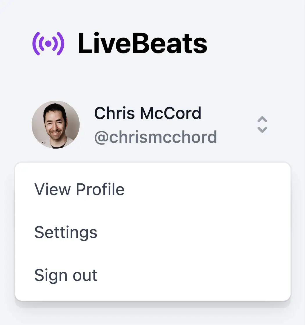 A Tailwind UI dropdown under Chris McCord's name, username, and photo, with options "View Profile," "Settings," and "Sign out"