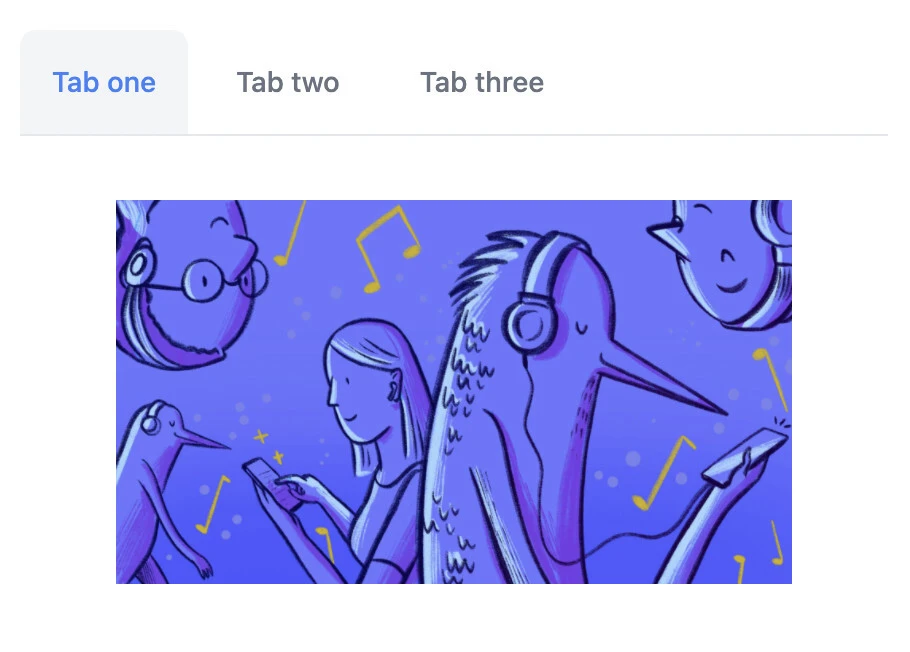A row of tabs labeled "Tab one" through "Tab three", with an image beneath; "Tab one" has different styling.