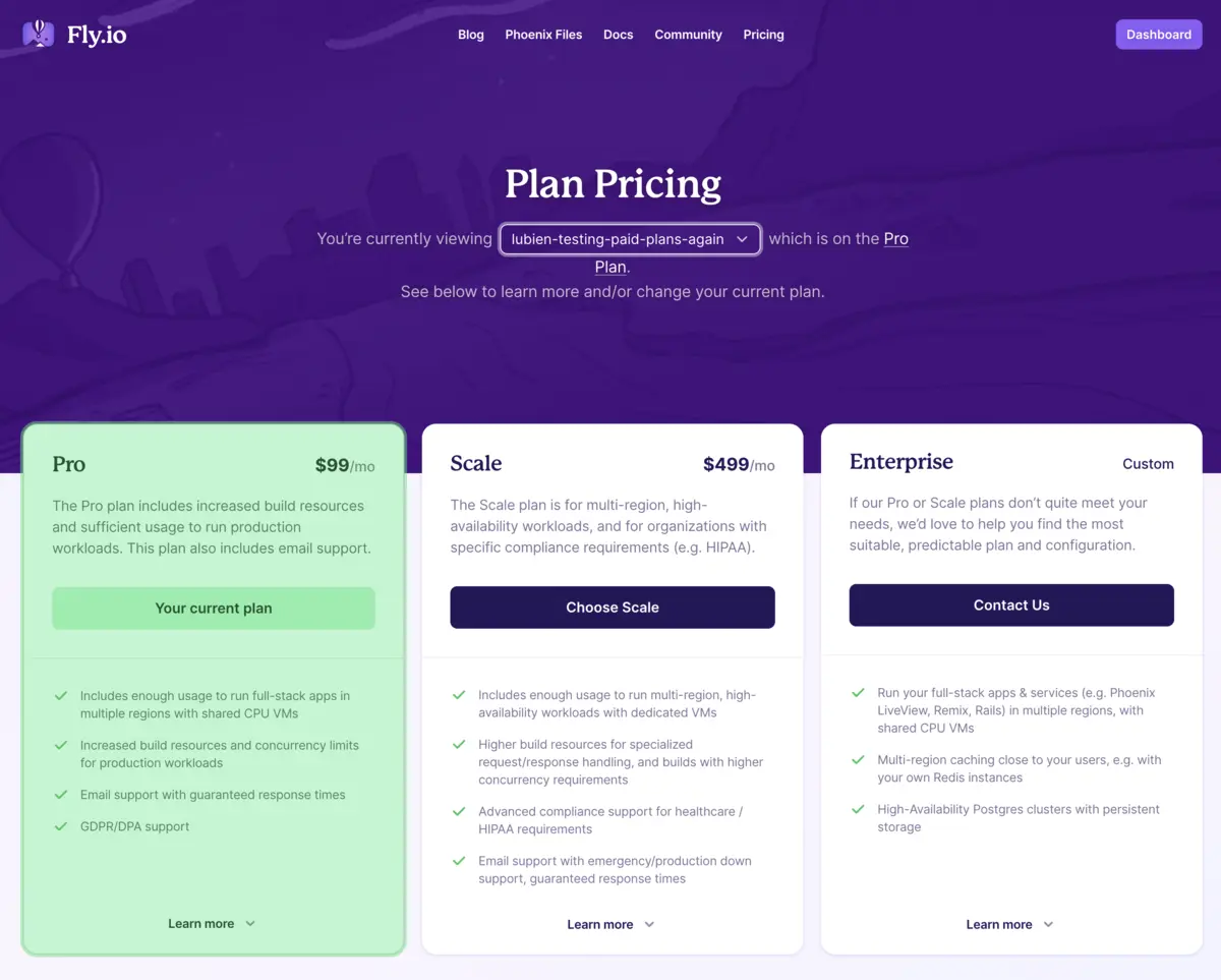 Plans page with a dropdown to choose the organization