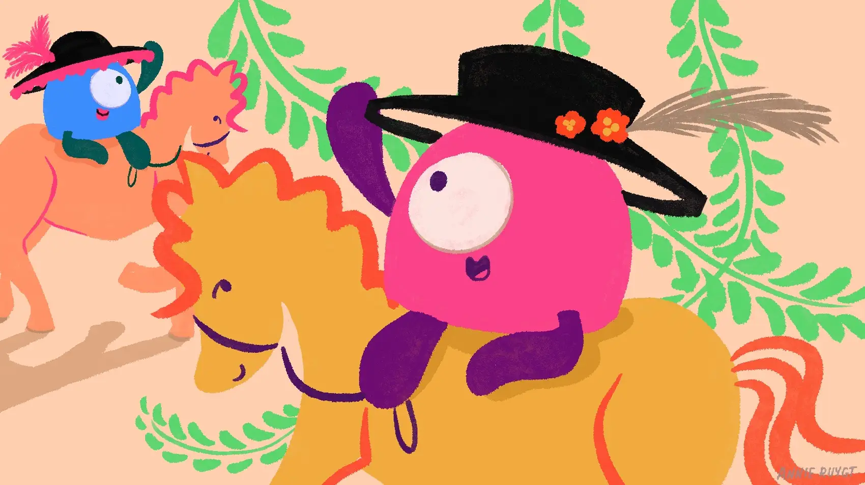 Two livewire icons are riding horses and waving at each other.