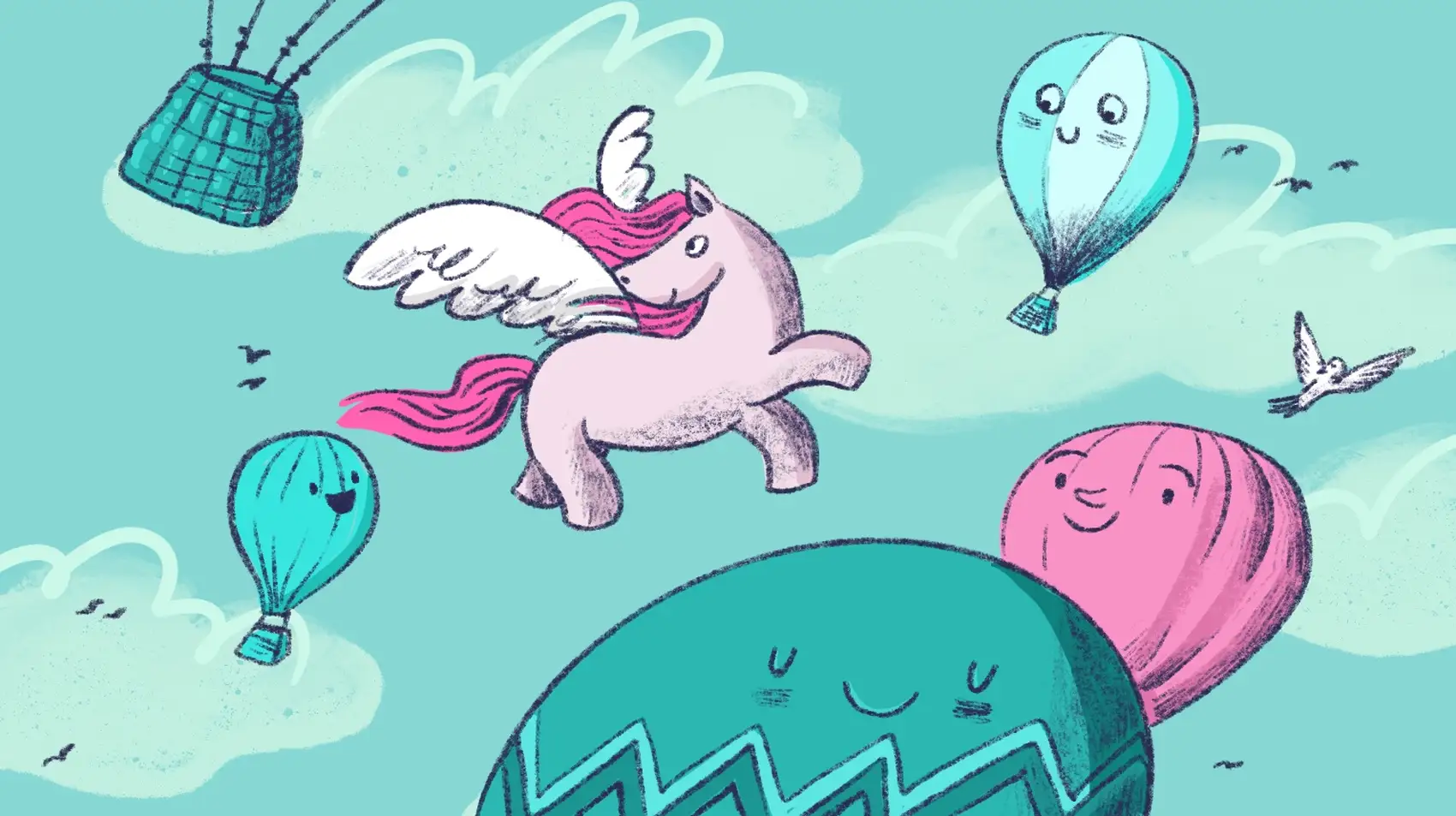 A green sky with multiple green and pink Fly air balloons, clouds, birds flying all around and a pink Django pony in the middle.