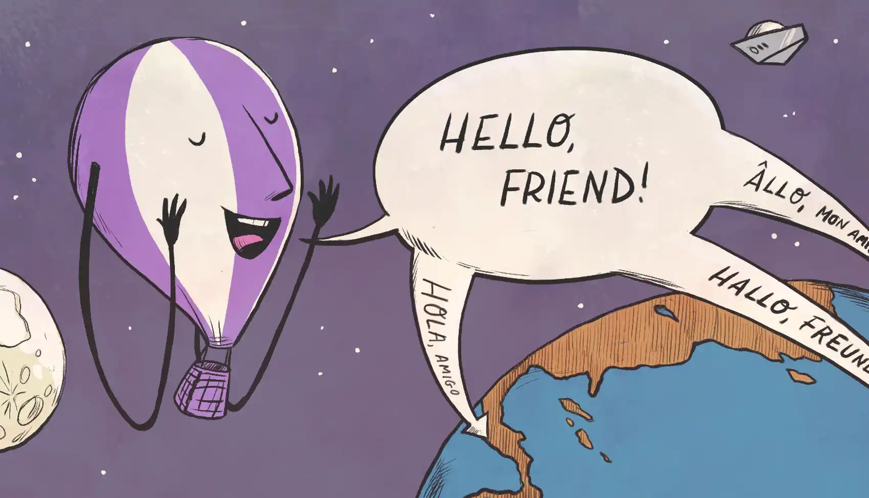 A balloon saying hello to different regions across the globe.